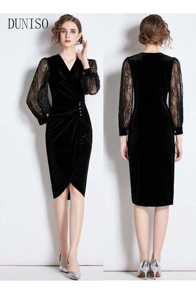 Generic DUNISO Womens Evening Dress Lace Long Sleeve V Neck Knee Length Dresses for Wedding Party Womens Ban