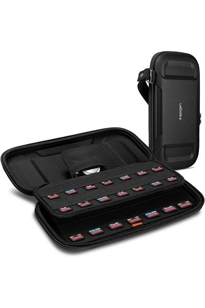 Spigen حافظة بطاقات ألعاب Rugged Armor Pro لجهاز Nintendo Switch/OLED Micro SD Cards/AirTag محمولة باللون الأسود