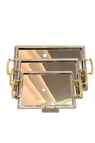 aljahwari 3-Piece Silver Serving Tray Set with Gold Handle