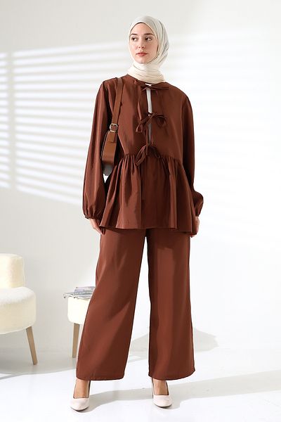 Mihran Butik Γυναικείο 100% βαμβακερό καφέ πουκάμισο Modal και κοστούμι Pantalon Hijab