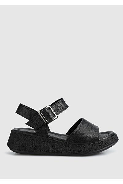 Provoq Δερμάτινα γυναικεία μαύρα φλατ σανδάλια