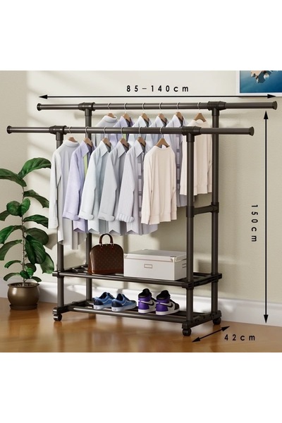 ABAREEK Metal Clothes Hanger with Wheels 150 x 140 x 42 cm, Black