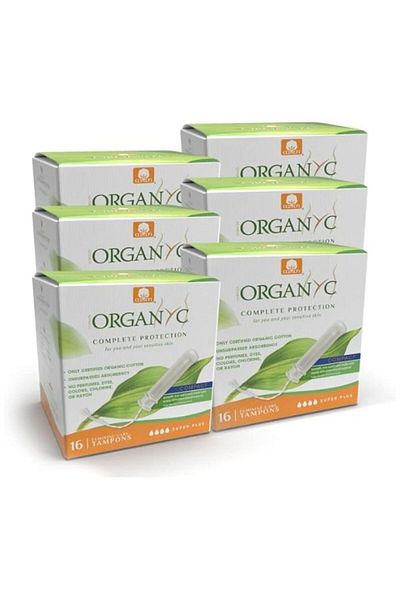 Organyc Organic Cotton Tampons - Plant-Based Eco-Applicator, Super Plus, 6 Packs of 16 (Total 96 Pieces)