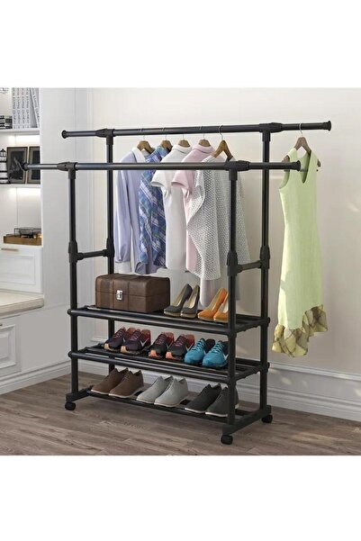 ABAREEK Metal Clothes Hanger with Wheels 150 x 140 x 42 cm, Black