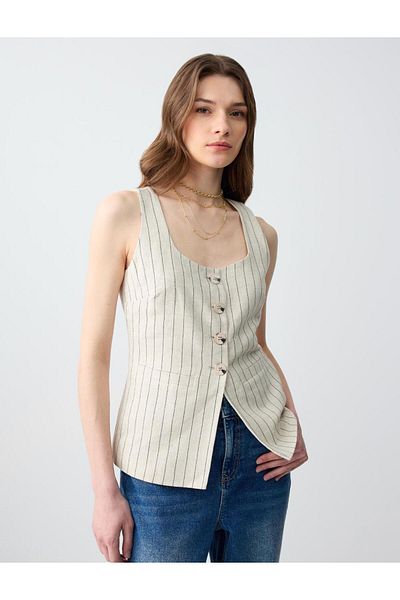 Jimmy Key Stone Slim Fit Line Patterned Linen Vest