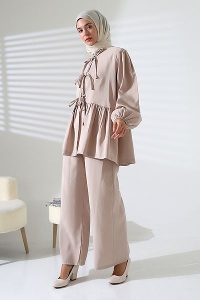 Mihran Butik Γυναικείο 100% βαμβακερό πουκάμισο Modal Stone Color Παντελόνι Hijab Σετ