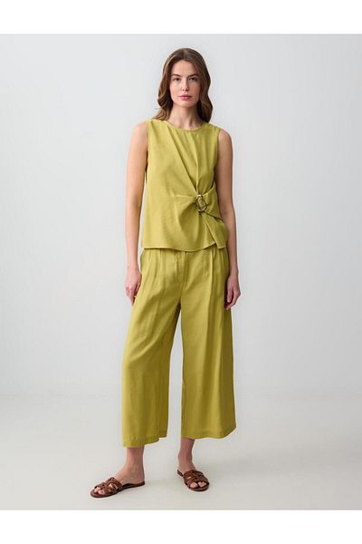 Jimmy Key Green Relaxed Cut High Waist Loose Wide Leg Short Woven Trousers