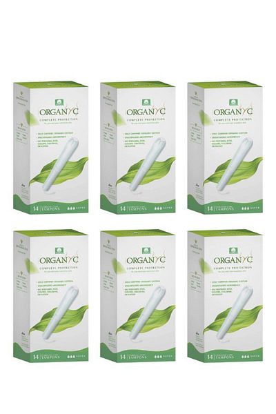 Organyc Organic Cotton Internal Tampons with Cardboard Applicator, Super, 6 Packs of 14 (Total 84 Pieces)