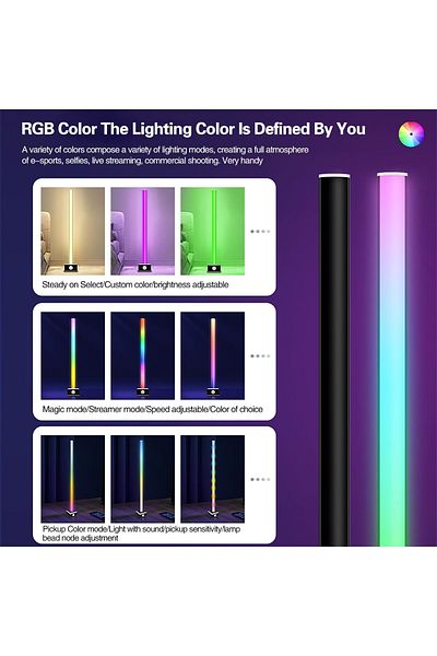 COOYA مصباح أرضي RGBIC بطول 120 سم، LED مع مزامنة الموسيقى وتغيير الألوان، وتطبيق وجهاز تحكم عن بعد