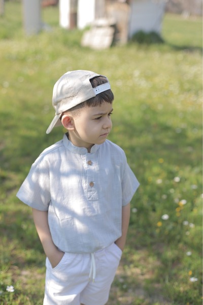 TCT TEKSTİL CHILDREN'S KHAKI COLLAR HALF PLACKET SHIRT (WITH SLUB) -6040