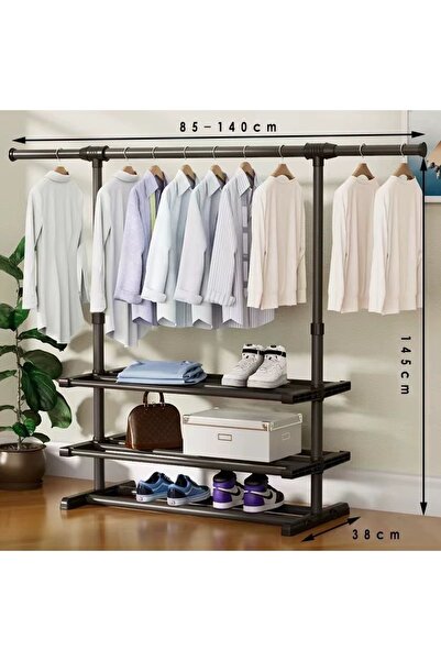 ABAREEK Metal Clothes Hanger with Wheels, 150 x 140 x 38 cm, Black