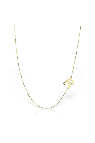 Minimal Kolye 14 Ayar Altın Harf Kolye 1 cm Yan Harf Figürlü Forse Zincir, Tü...