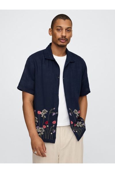GAP Erkek Lacivert Keten Karışımlı Desenli Gömlek