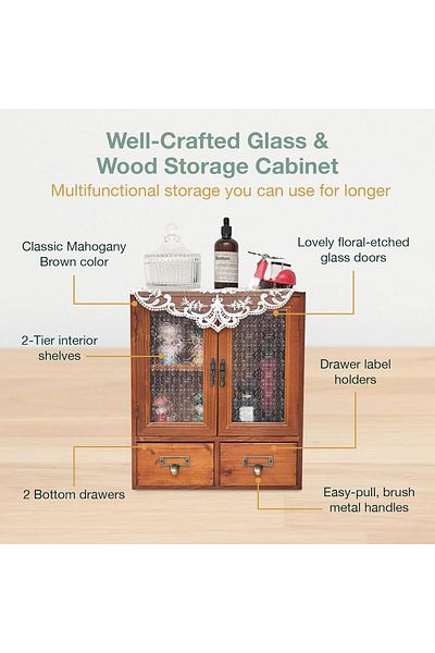 COOYA Wooden tabletop storage display cabinet,vintage style,with 2 floral glass doors and 2 drawers,brown