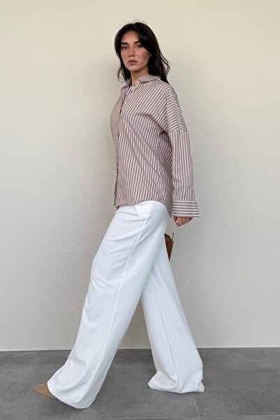 Madmext Camel Çizgili Kadın Gömlek Mg2410