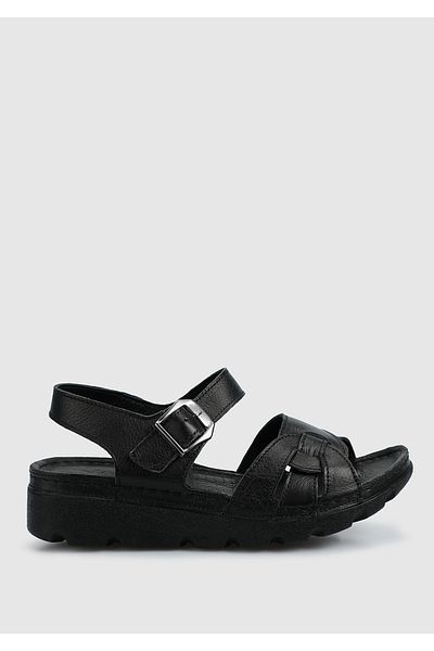 Eclipse Black Leather Women's Flat Sandals