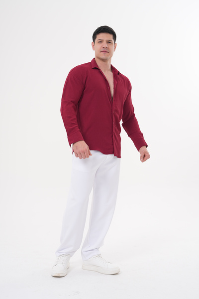 byata.style Letnja muška košulja bordo boje, širokog kroja Oversize kroj leže...