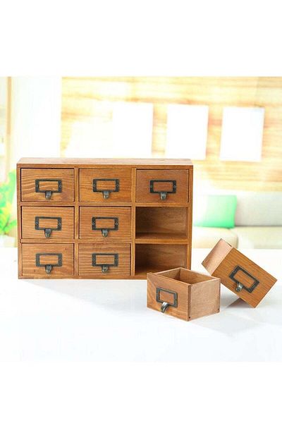 COOYA Vintage wooden desktop storage box,9 drawers,with handles,partition design,sturdy and durable,brown