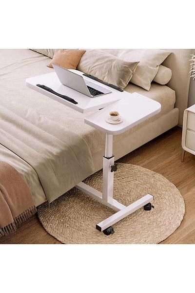 COOYA Mobile Overbed Bedside Table,Adjustable Height,with 4 Wheels,Rotating Desktop,for Sofa Bed
