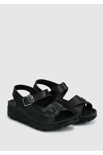 Eclipse Black Leather Women's Flat Sandals