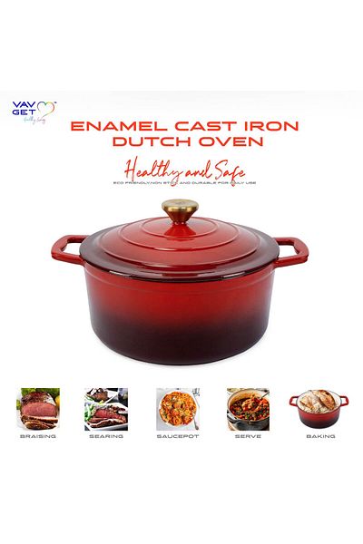 VAV GET Enameled Cast Iron Casserole Dish With Lid - 5 Quart Enamel Cookware Pot