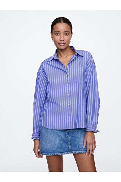 GAP Kadın Mavi Çizgili Oversize Poplin Big Gömlek