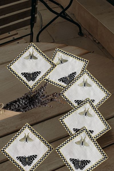 e-Bizz Store 6 Pieces Butterfly Patterned Linen Fabric with Embroidery on Coffee Side Cocktail Napkin & Coaster