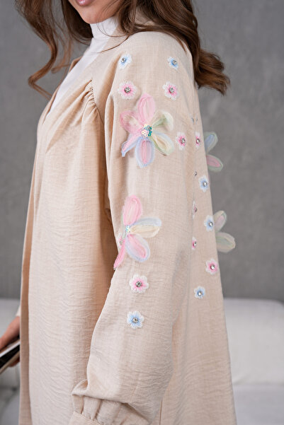 Miss Allos Women's Back and Sleeves Embroidery Tulle Flower Processing Stone Detailed Linen Kimono Jacket Pants Bottom Top Set