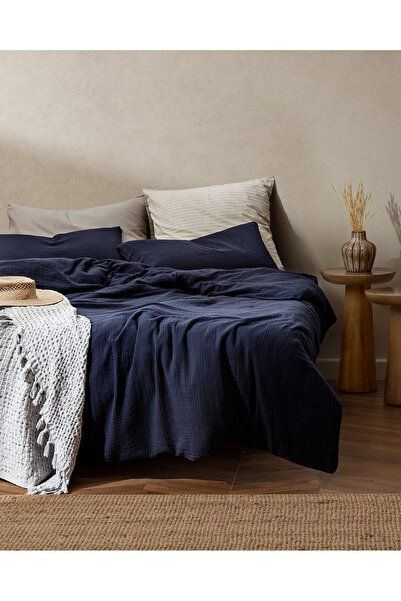 Madame Coco Marla Müslin King Size %100 Pamuk Lastikli Nevresim Takımı - Lacivert