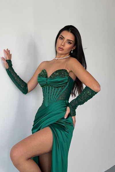İyem Abiye Stylish Satin Bust with Stones and Sleeves Lace See-Through Stylish Evening Dress