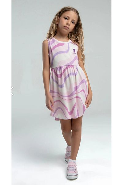 U.S. Polo Assn. Girl, Licensed, Uspa, 100% Cotton, White-Salmon Print, Dress
