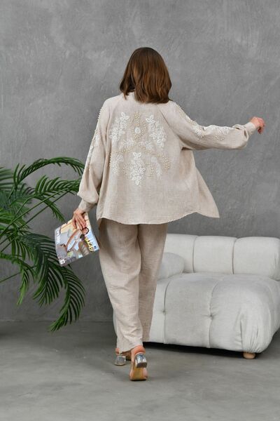 Miss Allos طقم جاكيت وسروال كيمونو من الكتان بتفاصيل مطرزة - نسائي