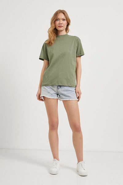 Arma Life Women's Collar Rib Basic Short Sleeve Khaki T-Shirt