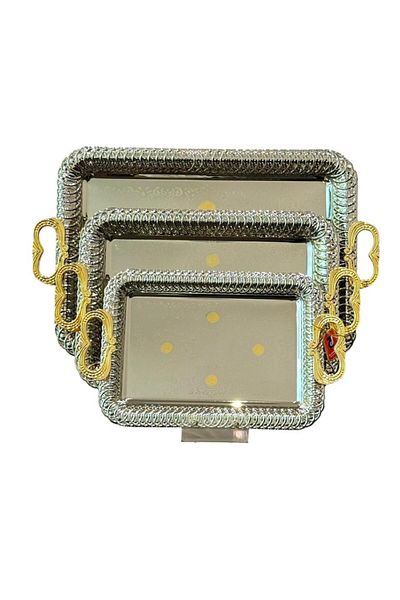 aljahwari 3-Piece Silver Serving Tray Set with Gold Handle