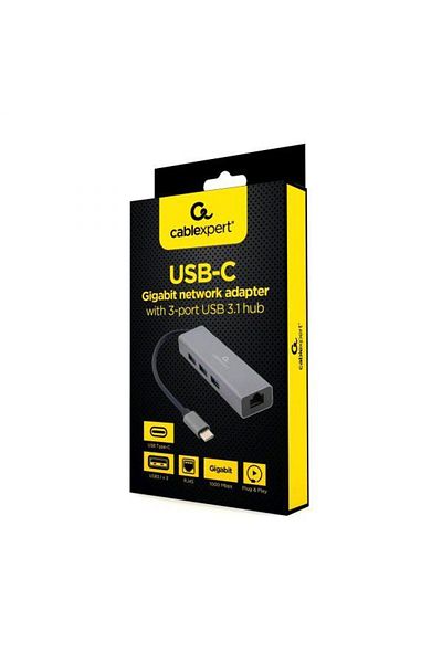 Gembird USB-C Hub and Network Adapter, 3 x USB 3.1, 1 x RJ45 1000 Mbps, Gembird