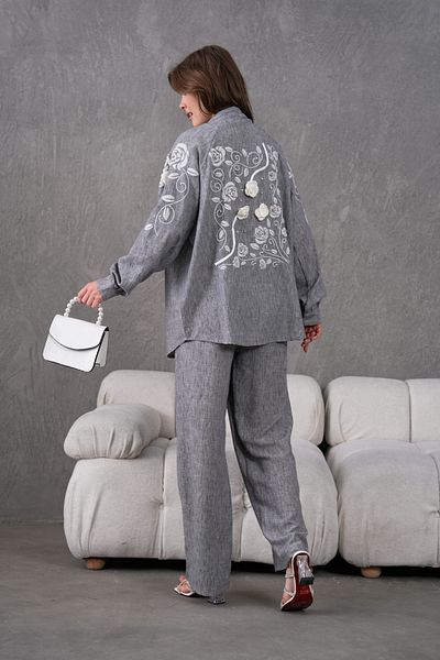 Miss Allos Women's Linen Kimono Jacket and Pants Bottom Top Suit with Embroidered Rose Flower Accessories on the Back and Sleeves