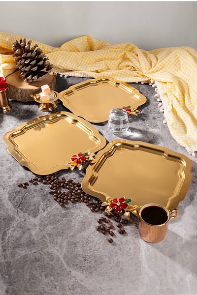NEWTREND Züccaciye Gold Daisy Tray - Red Flower Model Stainless Steel Serving Presentation Tray