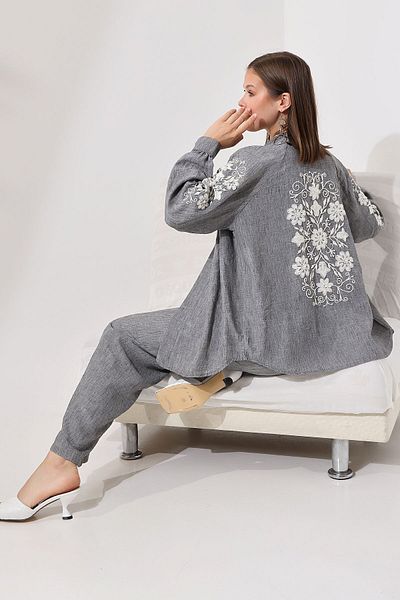 Miss Allos Linen Kimono Jacket and Trousers Set with Embroidery Detail - Women
