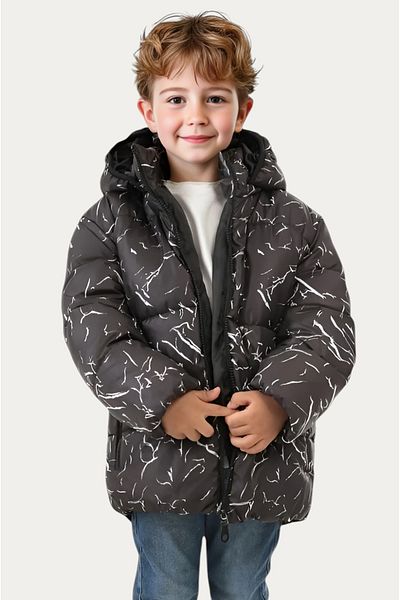 Montland Boys' Winter Puffer Jacket - Black, Detachable Hood, Water and Windproof, with Pockets