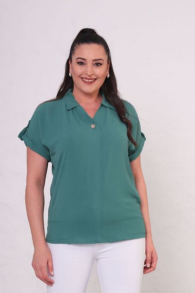 tarzımsüper Women's Plus Size Polo Neck Sleeve Part Buttoned Shirt Blouse