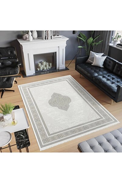 HBC Çırağan Lüks Göbekli Klasik Desen Gri Oturma Odası Salon Mutfak Halısı