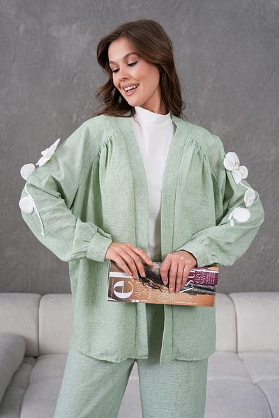 Miss Allos Women's Back and Sleeves Embroidered Floral Accessories Linen Kimono Jacket and Pants Bottom Top Set