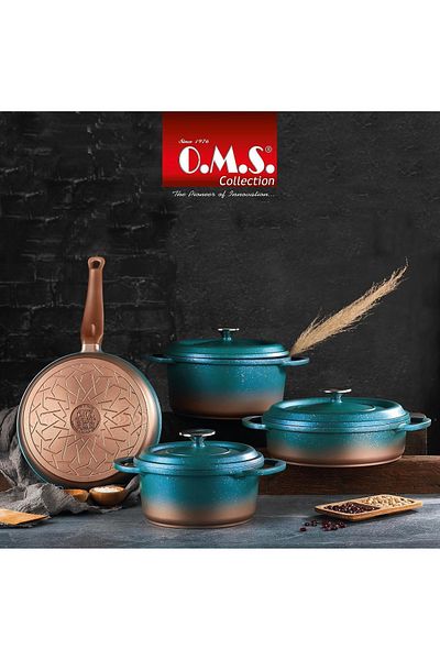 OMS مجموعة أواني طهي غير لاصقة من OMS مكونة من 7 قطع مع غطاء، مقاسات 20، 24، 26، مقلاة 26 سم