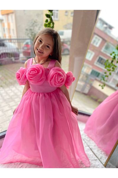 Sare Çocuk Giyim Pink Girl's 3D Rose Collar Long Evening Dress Princess Graduation Dress