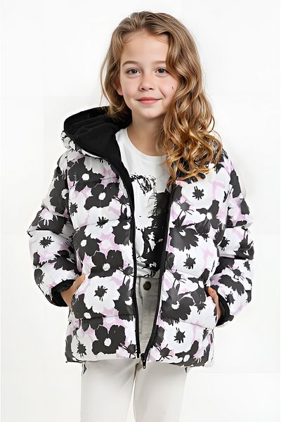 Montland Girl's White Purple Flower Pattern Fleece Water and Windproof Hooded Puffy Winter Coat