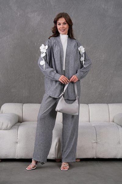Miss Allos Women's Back and Sleeves Embroidered Floral Accessories Linen Kimono Jacket and Pants Bottom Top Set