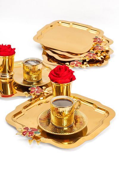NEWTREND Züccaciye Lux Gold Daisy Tray - Red Flower Model Stainless Steeltea, Coffee, Service Presentation