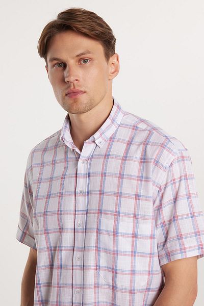 Tudors Men's Regular Fit Classic Cut 100% Cotton Linen Texture Single Pocket Checked Short Sleeve Buttoned Collar Shirt