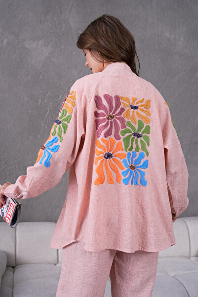 Miss Allos Women's Back and Sleeves Sequin Sequin Embroidered Linen Kimono Coat and Pants Bottom Top Suit