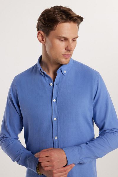 Tudors Cămașă pentru bărbați, slim fit, 100% bumbac, in, textura, guler cu nasturi, albastru închis
